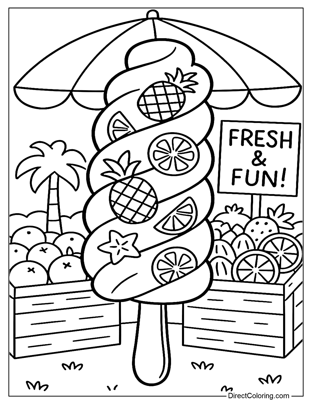 A yellow pineapple-shaped popsicle coloring page with tropical fruit patterns on the body.